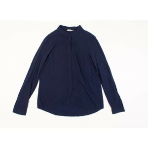 Marie Sixtine Navy Blue Hide Button Long Sleeve Collared Shirt Top